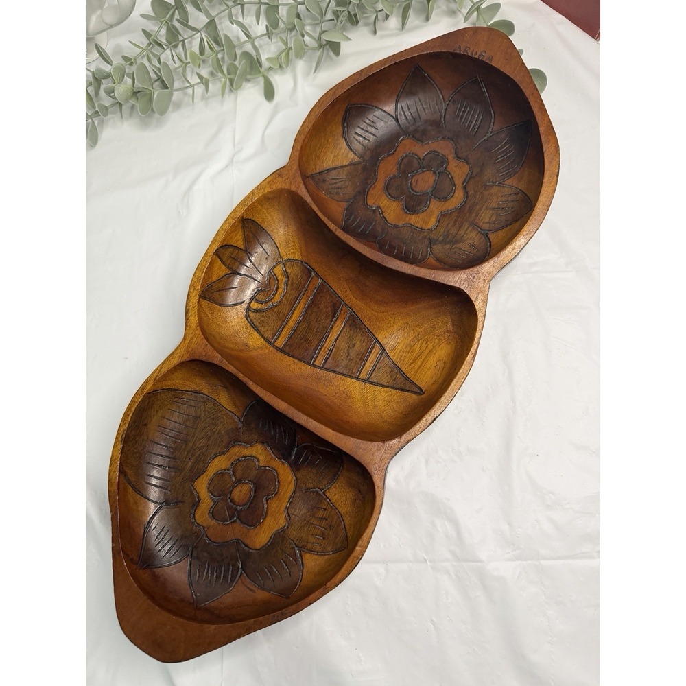Vintage Hand Carved Mahogany Wood Leaf Shape Serving Tray 16" Aruba